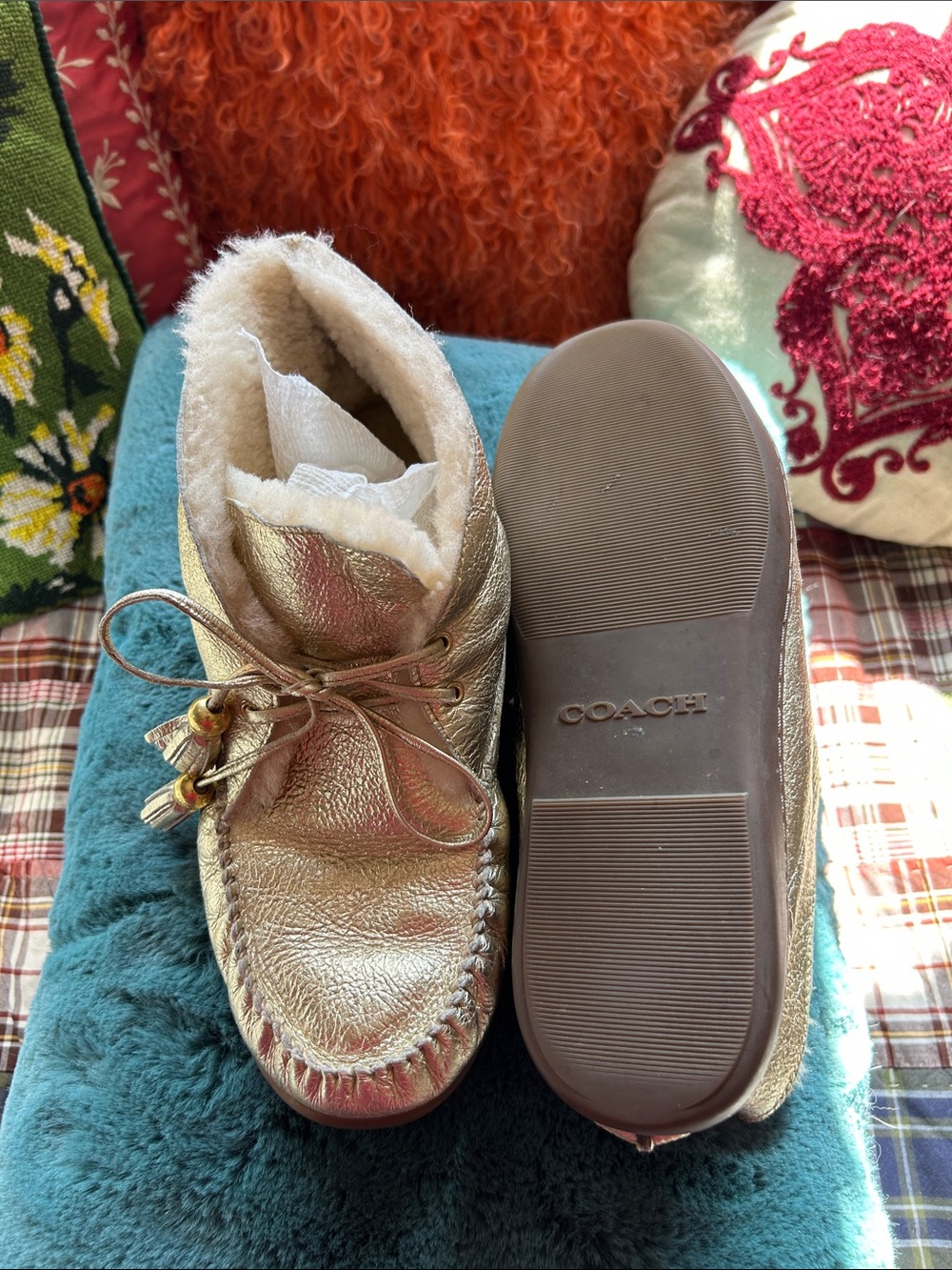 Coach Metallic Gold Shearling-Lined Moccasins